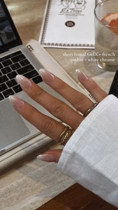 Nails November 2022, Alix Earle Nails, Pearl Ombre Nails, Neutral Nails With Sparkle, Elegant Almond Nails Classy, Trendy Neutral Nails, Nail Inspo Elegant, Haley Bieber Nails, Frenchtips Nails