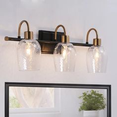 three light bathroom fixture with clear glass globes and brass accents on the vanity mirror