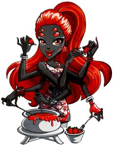 a cartoon character with red hair and makeup holding a knife in her hand while cooking food