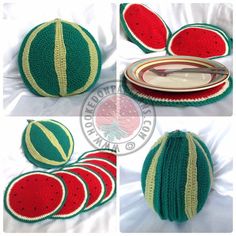 four pictures show the process of crocheting a watermelon dish cover and placemat