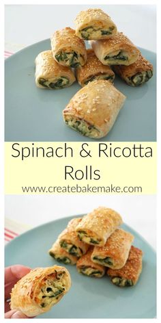 spinach and ricotta rolls on a blue plate with the words spinach and ricotta rolls