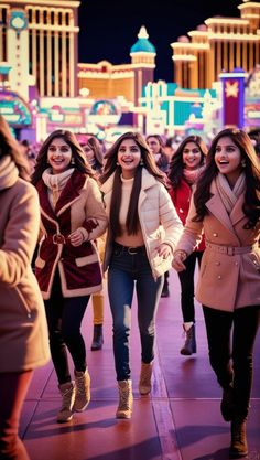 two girls are walking down the street in las vegas