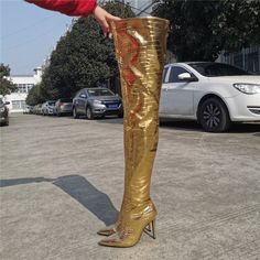 Party PU Gold Point Toe High Heel Over Knee Boots Womens Thigh High Boots, Demonia Boots, Thigh High Heels, Over Knee Boots, Alligator Print, Hip Clothes, Bright Wedding, Fashion High Heels, Rubber Heels