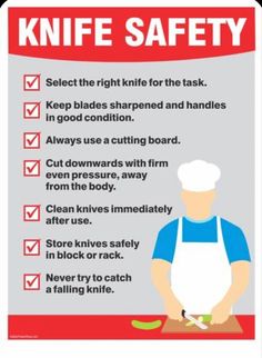 a poster with instructions on how to use the knife safety rules for kitchen work areas