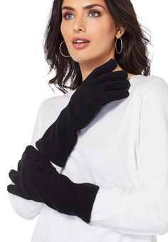 These plus size gloves are essential for cold weather. Wear them with  polyester fleece knit generously designed to provide enough room for your hands, giving you the ultimate comfort and style  machine wash for easy care imported    Plus size gloves - fleece golves, one size fits most   In Style Now! Fleece is everywhere this season! Stay warm and look stylish in our effortlessly chic gloves.   | Women's Fleece Gloves by Accessories For All in Black Hands Giving, Fleece Gloves, Knit Machine, Occasion Dresses Wedding, Weather Wear, Career Dress, Swimsuits For All, Cold Weather Accessories, Womens Fleece