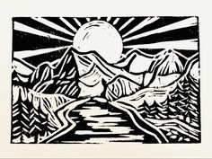 a black and white drawing of mountains with trees