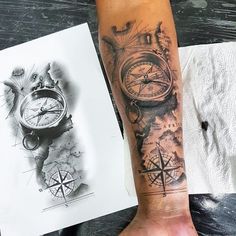 a person with a tattoo on their arm next to a drawing and a clock in his hand