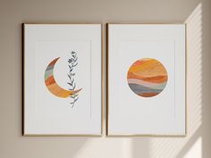 two framed art pieces hanging on the wall next to each other, one with a plant