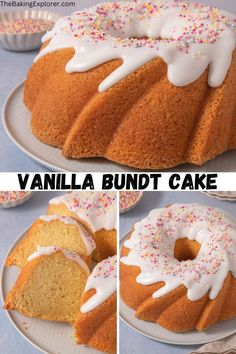 Recipe for Vanilla Bundt Cake - a moist bundt cake flavoured with vanilla, decorated with icing and sprinkles. Easy to bake and delicious! #thebakingexplorer #bundtcake #vanillacake #easyrecipe #schoolcake