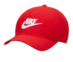 Nike Club caps feature a mid-depth design with classic style, versatile for any occasion.,Cotton twill feels soft and smooth on your skin for easy, all-day wear.,Mid-depth design fits just above the head for a versatile profile that's casual and easy to style.,Back closure is adjustable using the metal slider. Excess back strap can be neatly tucked into the sweatband.,100% cotton | Nike NSW Futura SF Cap in Univ Red Classic Red Six-panel Baseball Cap, Classic Red Baseball Cap With Curved Bill, Classic Red Curved Bill Hat, Classic Red Hat With Curved Bill, Classic Nike Baseball Cap For Sports, Classic Nike Adjustable Baseball Cap, Classic Nike Baseball Cap, Unisex Accessories, Back Strap