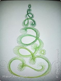 a drawing of a christmas tree made with green thread