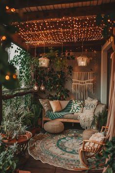 Cozy balcony setting with string lights, hanging plants, and bohemian decor, showcasing creative small balcony ideas. Plant Decor Patio, Small Flats Ideas, Boho Balcony Ideas Apartment, Balcony House Ideas, Small Living Ideas, Outdoor Small Patio Ideas, Dreamy Balcony Ideas, Outside Porch Ideas