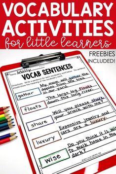 a red clipboard with the words vocably activities for little learners