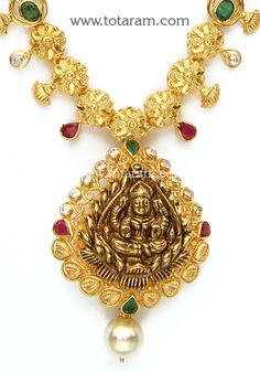 22 Karat Gold 'Lakshmi' Necklace with Cz, Ruby, Emerald & South Sea Pearls (Temple Jewellery)  - 235-GN4161 - in 18.350 Grams for USD $1575.05. 
Made in India by Totaram Jewelers Online this product is in Gold - 22 Karat BIS Hallmark 916 KDM Gold  & is an excellent gift for Adult - Women. Ships fully insured with secured guaranteed delivery for free with your order over $250 from New Jersey USA & comes with 30 days exchange policy. Ceremonial 22k Gold Temple Necklace With Gemstones, Gold Temple Necklace With Ruby Gemstones, Luxury Yellow Gold Temple Necklace With Ruby, Luxury Yellow Gold Ruby Temple Necklace, Lakshmi Pendant Gold With Pearls, South Seas, South Sea Pearls, Temple Jewellery, Gifts For Adults