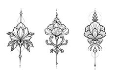 three different flower designs in black and white, each with an intricate design on the side