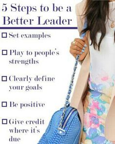 a woman holding a blue purse with the words 5 steps to be a better leader