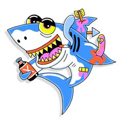 an image of a cartoon shark holding a bottle