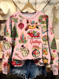 Women's Crew Neck Christmas Snowman Casual Spring/Fall Long Sleeve Sweatshirt Round Neck Long Sleeve Top, Christmas Retro, Christmas Clothing, Christmas Clothes, Vintage Santa, Round Neck Sweatshirts, Women Long Sleeve Tops, Retro Pattern, Top Gifts