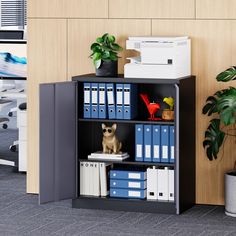 a dog sitting on top of a book shelf next to a printer and other office supplies