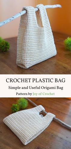 the crochet plastic bag is sitting on top of a wooden table