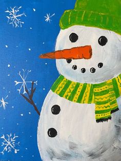 a painting of a snowman wearing a green hat and scarf with stars in the background