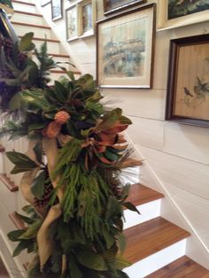 a bunch of plants sitting on top of a set of stairs next to framed pictures