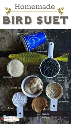 the ingredients for homemade bird suet are shown in bowls