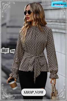 Printed Tie Front Flounce Sleeve Blouse Printed Tops For Workwear In Fall, Fall Workwear Printed Tops, Fall Printed Blouse For Workwear, Fall Workwear Printed Blouse, Printed Fall Office Blouse, Flounce Sleeve, Printed Ties, Ladies Tops Fashion, Sleeve Blouse