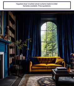 a living room filled with furniture and a fire place next to a window covered in blue curtains