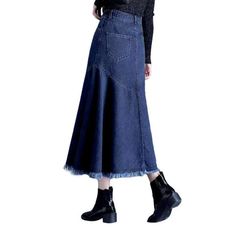 Introducing our Asymmetric Flare Full-length Denim Skirt from the 2023 Spring-Summer Collection – the essential piece of any '90s-inspired look!Why It's Your Next Go-ToChanneling the punk attitude of the '90s, this denim skirt is perfect for creating an outfit that is both city and sophisticated. With its stonewashed look, elevated-waisted silhouette, and asymmetric flare, this skirt is made to stand out!Key Highlights: '90s Vibes: Capture the spirit of the '90s with this stylish denim skirt. Distinctive Pebble-washed Finish: A classic look that will never go out of trend. High-Waisted Fit: Achieve an effortlessly chic look that won't compromise on comfort. Asymmetric Flare: This skirt's unique asymmetric flare will add a dynamic touch to your look. Zipper & Button Closure: A blend of a re Skirt With Combat Boots, Stylish Denim Skirt, Denim Skirts Online, Womens Denim Skirts, Long Denim Skirt, Denim Patterns, Autumn Collection, 2023 Autumn, Feminine Look