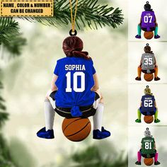 a christmas ornament that is shaped like a basketball player