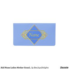 a blue name tag with an ornate design on it