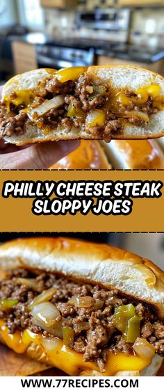 two pictures of a chili cheese steak sandwich with the words, philly cheese steak sloppy joes