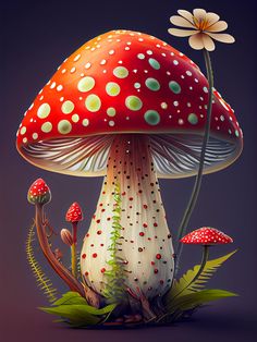 an illustration of a mushroom with flowers and grass