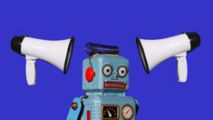 a blue and white robot with two megaphones on its head, against a blue background