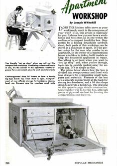 an old advertisement for the appliance workshop shows a man working in his workbench