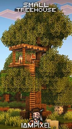 an image of a tree house in the middle of some trees with people on it