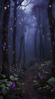 a path in the middle of a forest with purple flowers growing on it's sides