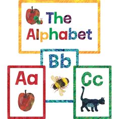 the alphabet with pictures of animals and letters in front of them, including an apple