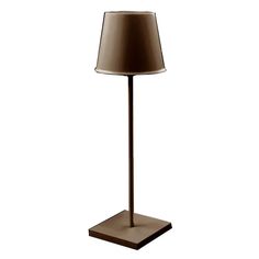 a lamp that is on top of a wooden base with a brown shade over it