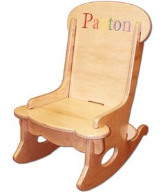 a wooden toy rocking chair with the name pavoton on it's back