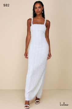 RSVP with a look no one can compete with thanks to the Lulus Sensational Invite White Textured Knit Sleeveless Maxi Dress! Fuzzy eyelash knit (with a textured, ribbed effect) shapes this effortlessly luxe dress with adjustable spaghetti straps and a flattering straight neckline. The figure-skimming silhouette continues into a column skirt with an elegant maxi hem. Kick pleat at back for movement. Hidden back zipper/clasp. Fit: This garment fits true to size. Length: Ankle length. Bust: Great for Holiday Formal Dresses, Luxe Dress, Holiday Dresses Women, Winter Formal Dresses, Column Skirt, Maxi Skirt Dress, Casual Wedding Dress, Adhesive Bra, Kick Pleat