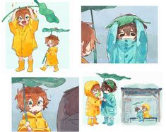 four different pictures of children in raincoats with umbrellas and one holding an umbrella