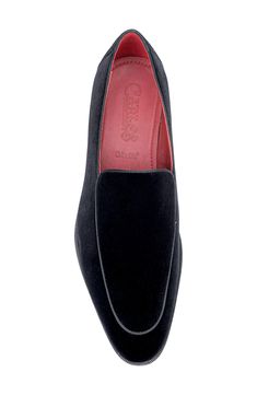 A dapper loafer crafted from luxe velvet is set on a bold sole for statement style. Cushioned footbed Velvet upper/leather lining/rubber sole
 Imported Business Dress Shoes With Rubber Sole, Formal Closed Toe Loafers With Red Sole, Formal Slip-ons With Red Sole, Semi-formal Red-sole Slip-on Dress Shoes, Formal Flat Suede Leather Shoes, Formal Flat Loafers With Suede Lining, Flat Dress Shoes With Leather Sole For Galas, Textured Sole Plain Toe Loafers For Galas, Plain Toe Loafers With Textured Sole For Galas