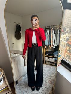 Work Outfit Inspiration Winter, Flats Work Outfit Business Casual, What To Wear With Red Cardigan, Black Cardigan Office Outfit, Red Crewneck Sweater Outfit, Red Brown Pants Outfit, Simple Shopping Outfit, Black Tie Front Cardigan Outfit, Striped Quarter Zip Outfit