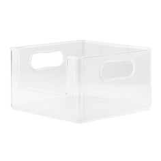 a clear plastic storage box with handles on the bottom and two holes in the middle