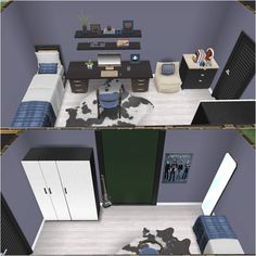 two views of the same room with furniture and decor on each floor, including a bed