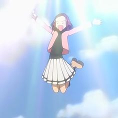 a girl is flying through the air with her arms outstretched