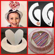 four different pictures with paper plates and hats on them, including a child's hat