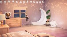 the room is decorated in pastel colors with stars on the walls and flooring